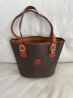 Celine Brown Monogram Canvas Tote with Tan Leather Trim